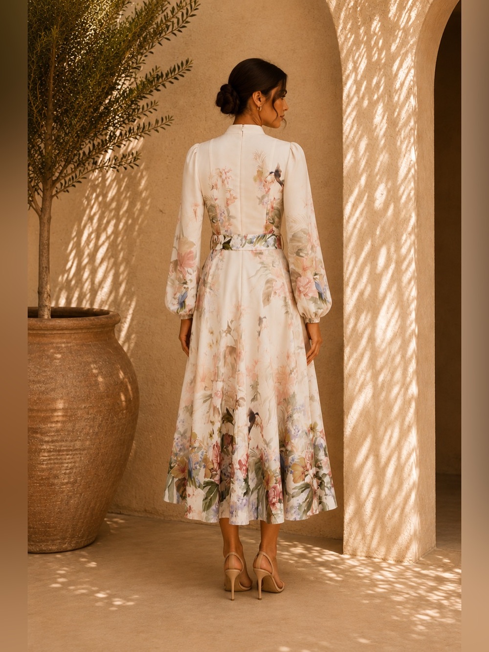 Commense Apricot Floral Balloon Sleeve Belted Dress S | Romantic Statement Dress - Picture 2 of 7